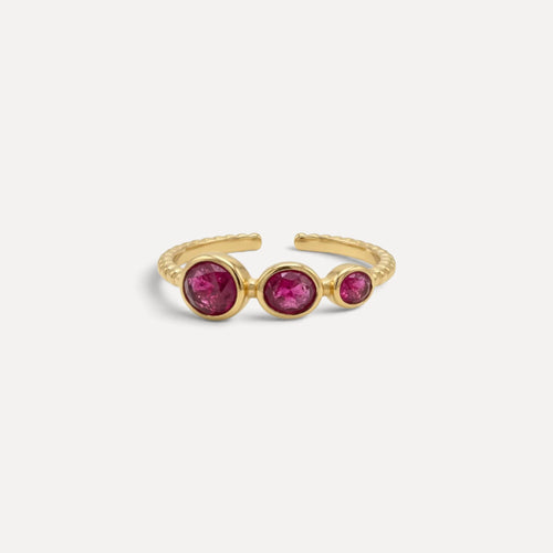 Anel Lifeaskika Dokuji Ring II ajustável em aço inoxidável dourado com três pedras redondas em tom rosa velho.