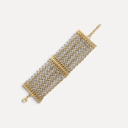 Pulseira Lifeaskika CHŌWA em aço inoxidável com correntes entrelaçadas em tons dourado e prateado.