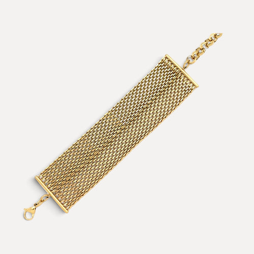 Pulseira Lifeaskika Chōwa II larga em aço inoxidável dourado com design de malha entrelaçada e fecho de mosquetão.